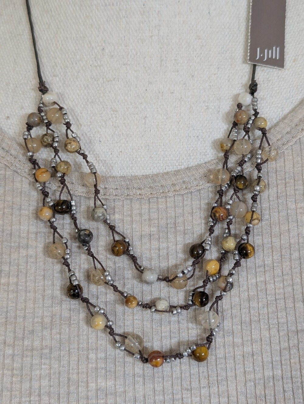 J. Jill Multi-Strand Beaded Necklace in Brown, Cream, Tan and Gray Adjustable